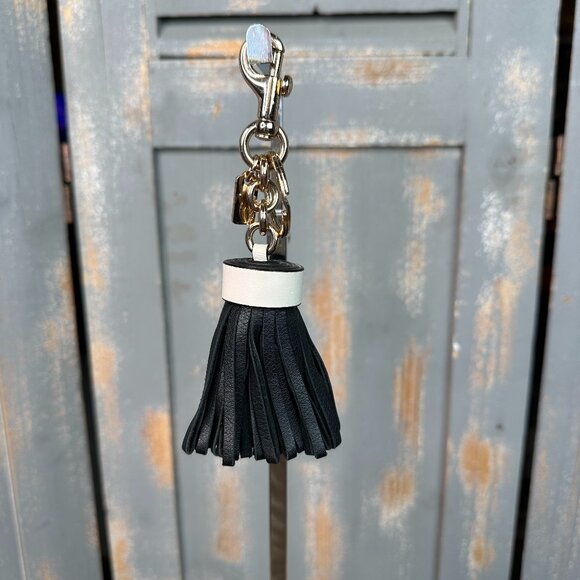 Coach Tassel Leather Fob Keychain Black Cream - Picture 1 of 11